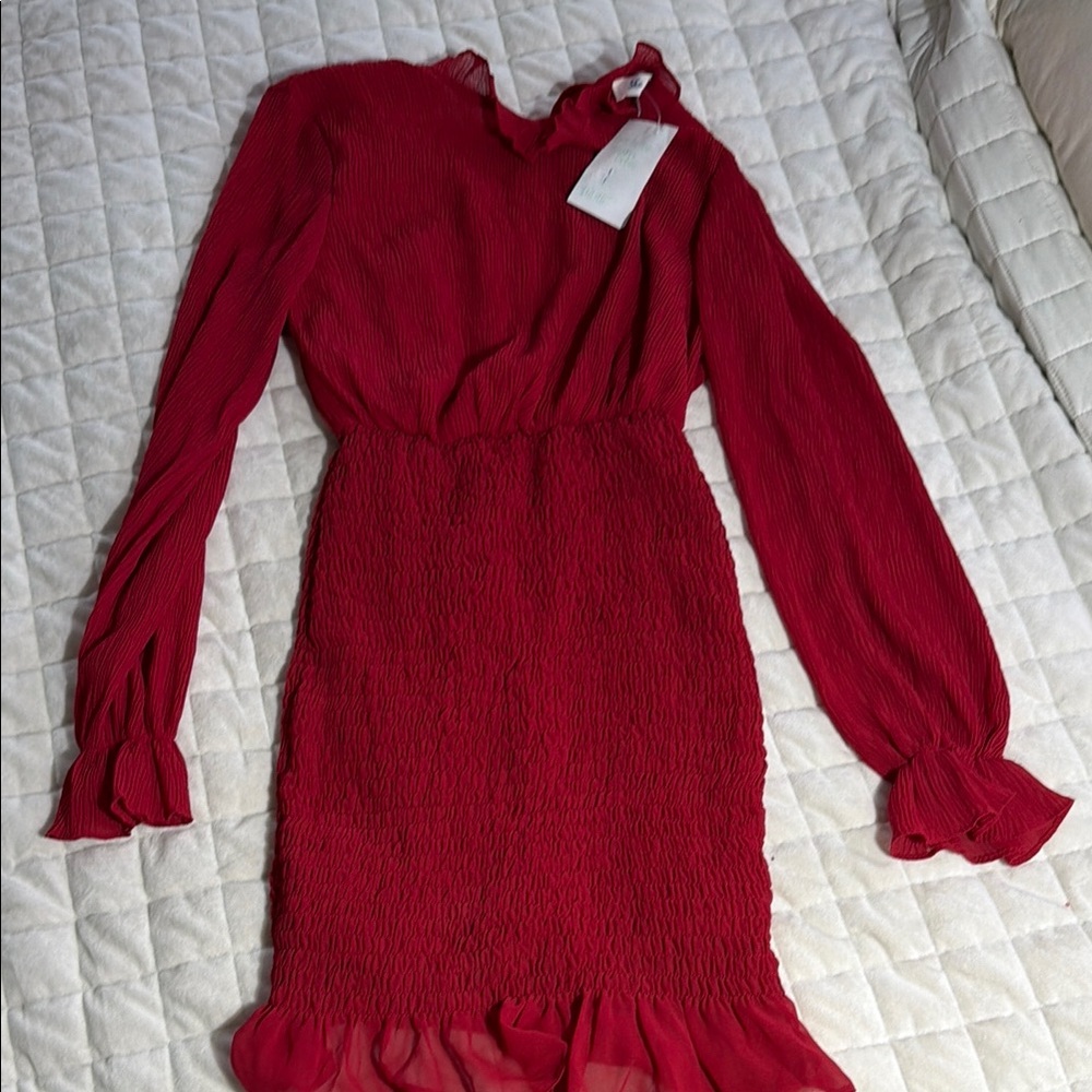 Red Long Sleeve Ruffle-Hem Women's Dress